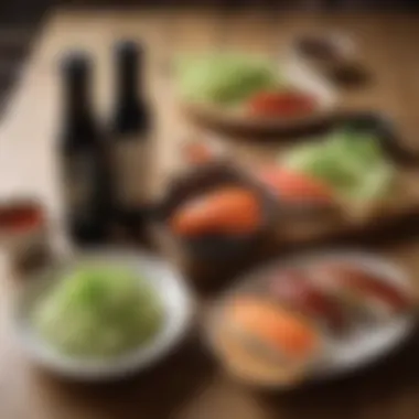 Bottles of soy sauce and wasabi on a table