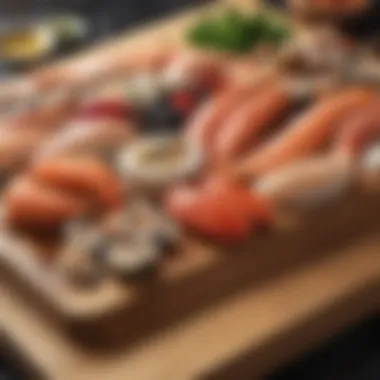 Variety of fresh seafood on a wooden cutting board