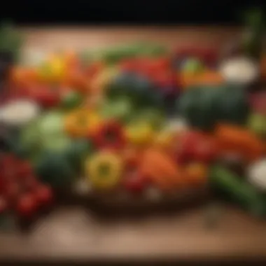 An array of colorful vegetables arranged artistically on a wooden table