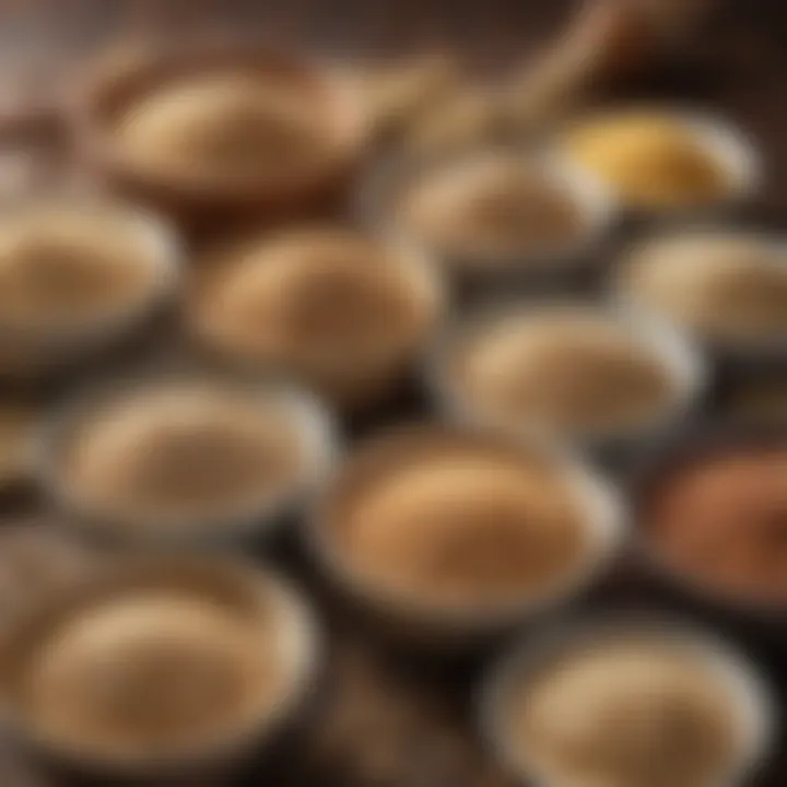 A selection of whole grains including quinoa, brown rice, and oats displayed in bowls