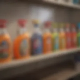 A variety of floor cleaners lined up on a shelf