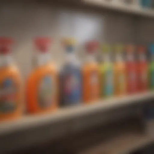 A variety of floor cleaners lined up on a shelf