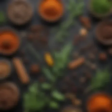 Herbs and Spices for Flavorful Dishes Artfully arranged herbs and spices for flavor enhancement.