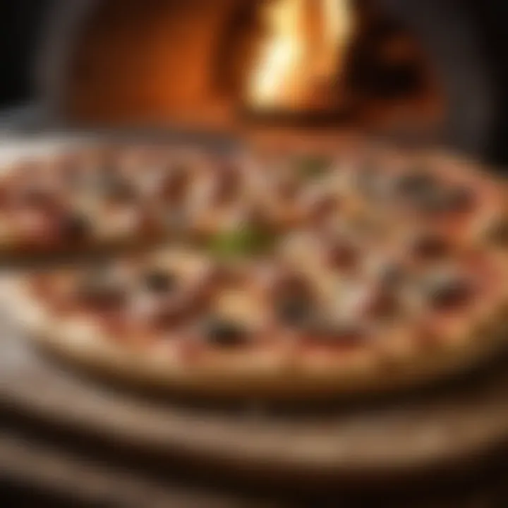 A variety of pizzas being baked in a pizza oven