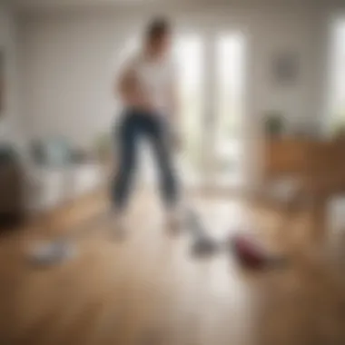 User engaging with a cordless vacuum in a modern living room