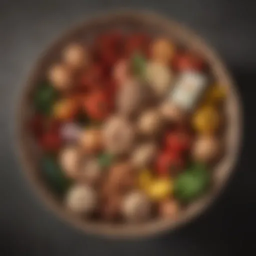 Balanced food items arranged in a basket