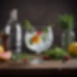A beautifully crafted gin cocktail garnished with herbs and fruits