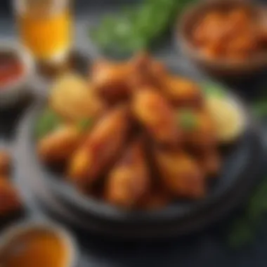 Deliciously Coated Honey Hot Wings A plate of succulent chicken wings coated in glossy honey hot wings sauce, garnished with fresh herbs.