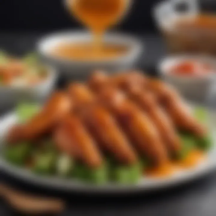 An elegant presentation of honey hot wings served with a side of dipping sauce and fresh vegetables.