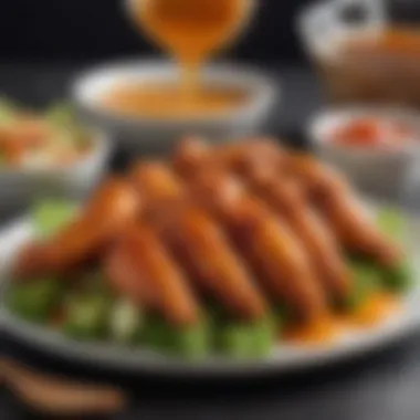 Elegant Presentation of Honey Hot Wings An elegant presentation of honey hot wings served with a side of dipping sauce and fresh vegetables.