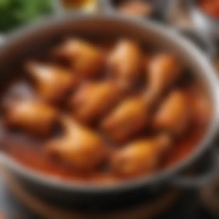 A close-up of a saucepan simmering with honey hot wings sauce, showcasing its rich color and texture.
