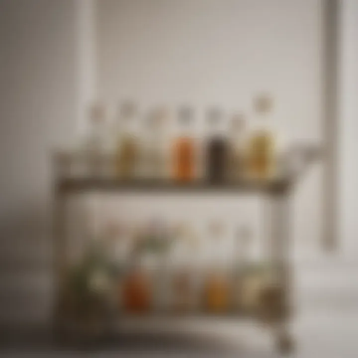 A beautifully arranged bar cart featuring gin, mixers, and garnishes