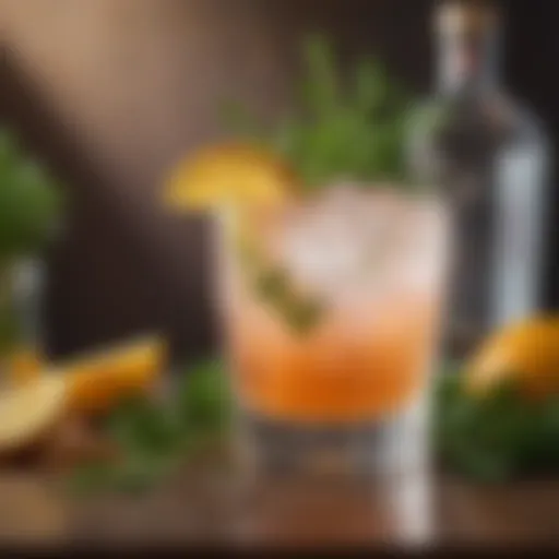 A vibrant gin cocktail garnished with fresh herbs and citrus