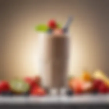 A glass filled with a perfectly blended protein shake garnished with fresh fruits.