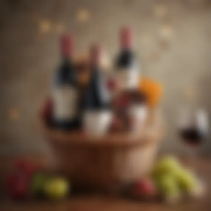 Artfully arranged wine and gift card basket with seasonal elements
