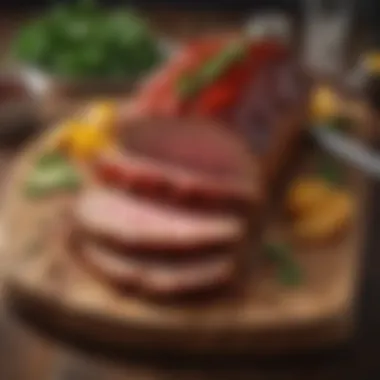 Presentation of a Masterfully Crafted Meatloaf Sliced beef meatloaf on a cutting board with garnishes