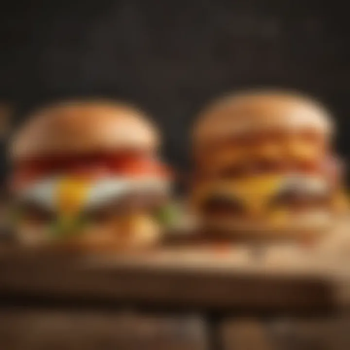 Creative variations of breakfast sandwiches on a wooden board