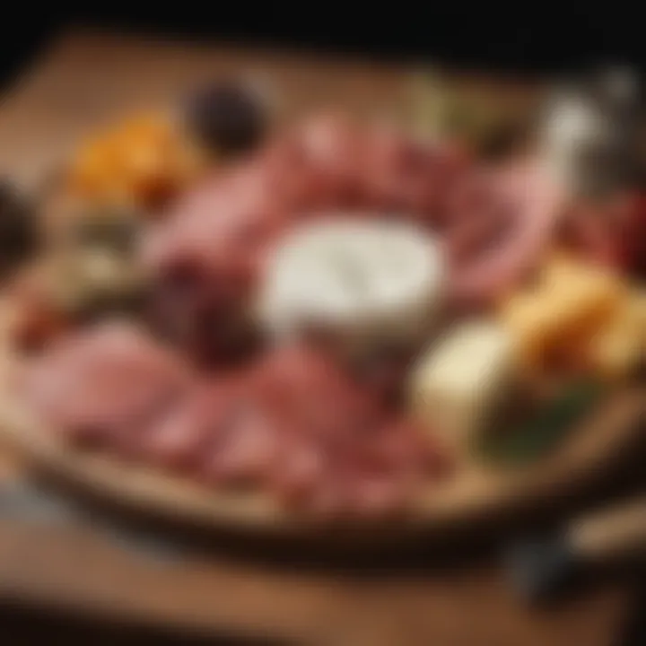 An elegant arrangement of cured meats and artisanal cheeses on a wooden board