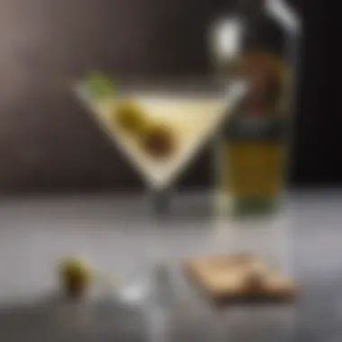 A close-up shot of a perfectly crafted dirty martini garnished with an olive.