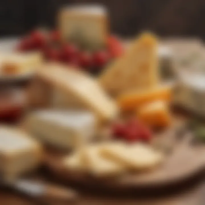 A selection of gourmet cheeses displayed on a wooden board