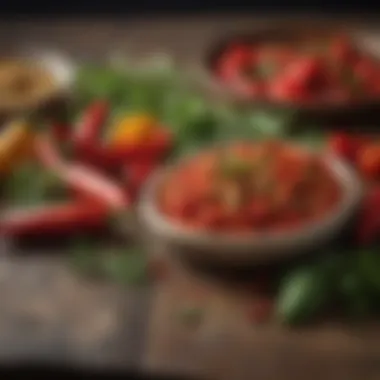Spicy Ingredients for Flavorful Sauce A vibrant assortment of spicy peppers and herbs ready for sauce making