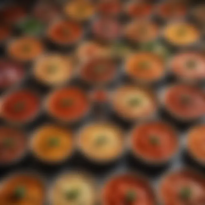 A collection of different pizza sauce variations displayed in small bowls