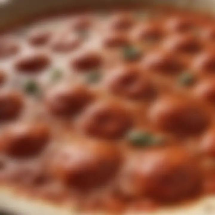 A close-up of a simmering pot of homemade pizza sauce infused with spices