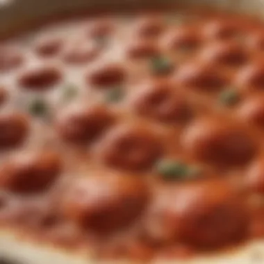 Simmering Spicy Pizza Sauce A close-up of a simmering pot of homemade pizza sauce infused with spices