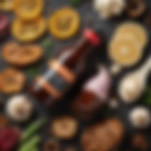 A close-up of vibrant ingredients for teriyaki marinade, including soy sauce, ginger, and garlic