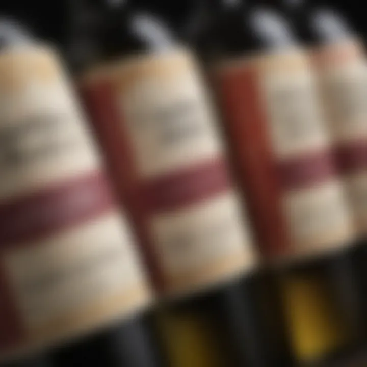 Close-up of wine labels showcasing unique flavor profiles