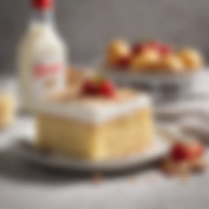 An array of ingredients used in tres leches cake, including cake mix, milk, and vanilla essence, neatly arranged on a countertop.