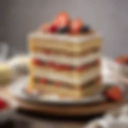 A beautifully layered tres leches cake showcasing the rich, creamy texture topped with a sprinkle of cinnamon and fresh fruit.
