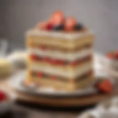 A beautifully layered tres leches cake showcasing the rich, creamy texture topped with a sprinkle of cinnamon and fresh fruit.