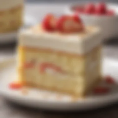 A slice of tres leches cake on a decorative plate, displaying its moist interior and creamy frosting.