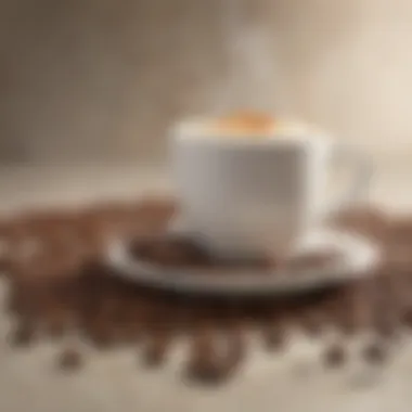 An assortment of coffee beans and ground coffee with a coffee cup in the background.