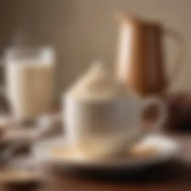 An elegant frothing pitcher with steamed milk next to a cup of coffee.
