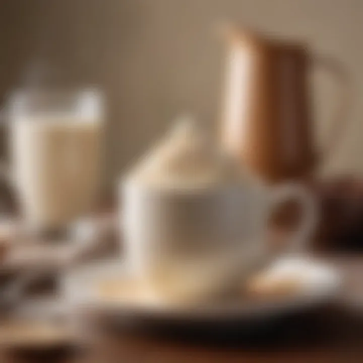 An elegant frothing pitcher with steamed milk next to a cup of coffee.