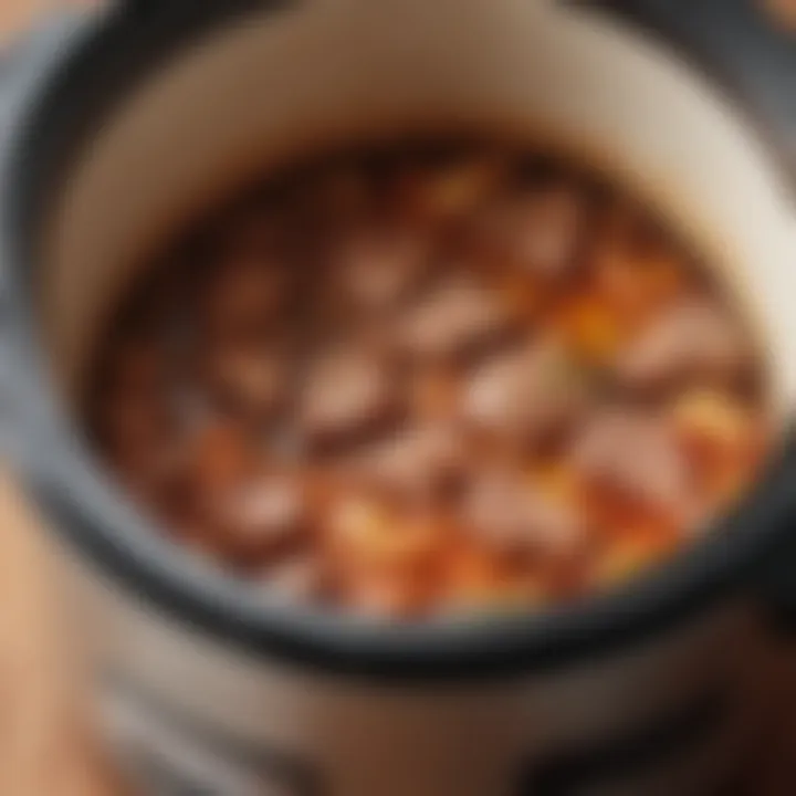 Close-up of a delicious, simmering protein dish in a crock pot