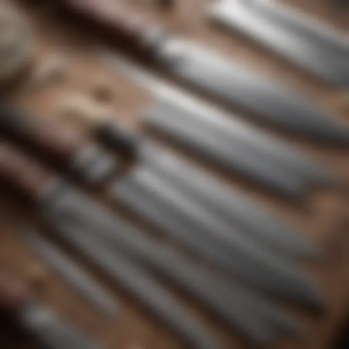 Close-up of knife blades with different materials and finishes