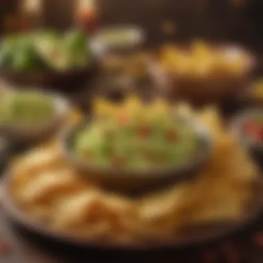 Guacamole and Chips on a Festive Table Colorful spread of guacamole and chips on a festive table
