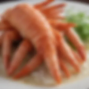 A close-up view showcasing the succulent meat of snow crab legs, revealing its delicate texture and natural sweetness.