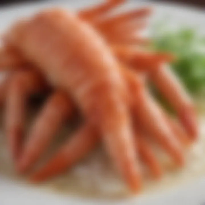 A close-up view showcasing the succulent meat of snow crab legs, revealing its delicate texture and natural sweetness.