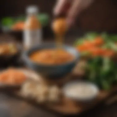 Homemade Hibachi Yum Yum Sauce A homemade Hibachi Yum Yum Sauce recipe displayed alongside fresh vegetables and seafood.