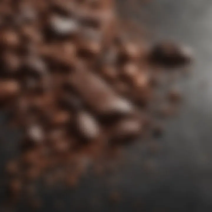 An artistic arrangement of dark chocolate pieces next to raw cocoa beans and a sprinkle of sea salt