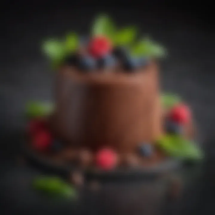 A beautifully arranged dessert featuring dark chocolate mousse garnished with berries and mint leaves