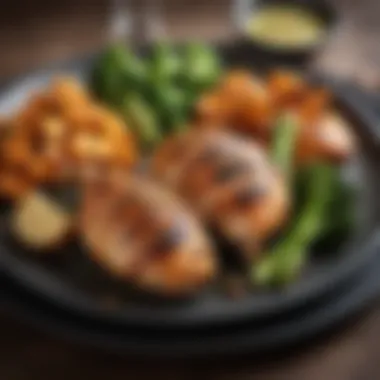 A plate of grilled chicken breast served with steamed broccoli and sweet potatoes.