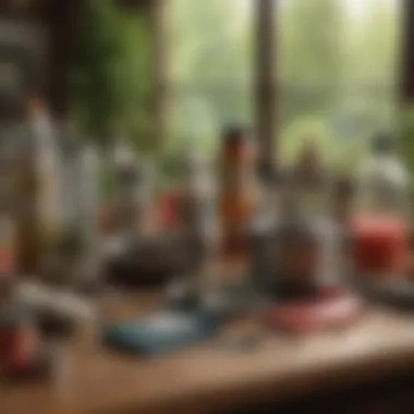 Essential Maintenance Supplies Maintenance tools and cleaning supplies for hummingbird water feeders arranged on a table.