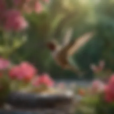 Hummingbird in Nature Natural setting with a hummingbird feeding at a water station surrounded by flowers.