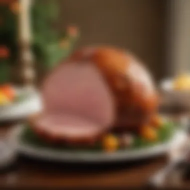 A beautifully glazed boneless ham on a festive table