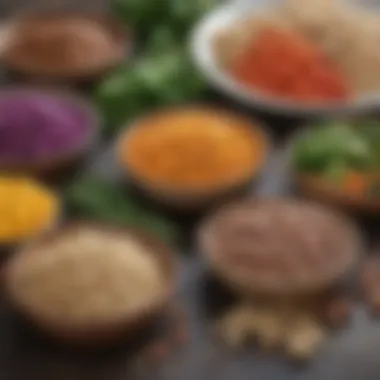 Close-up of nutritious ingredients like legumes, grains, and colorful vegetables ready for cooking.